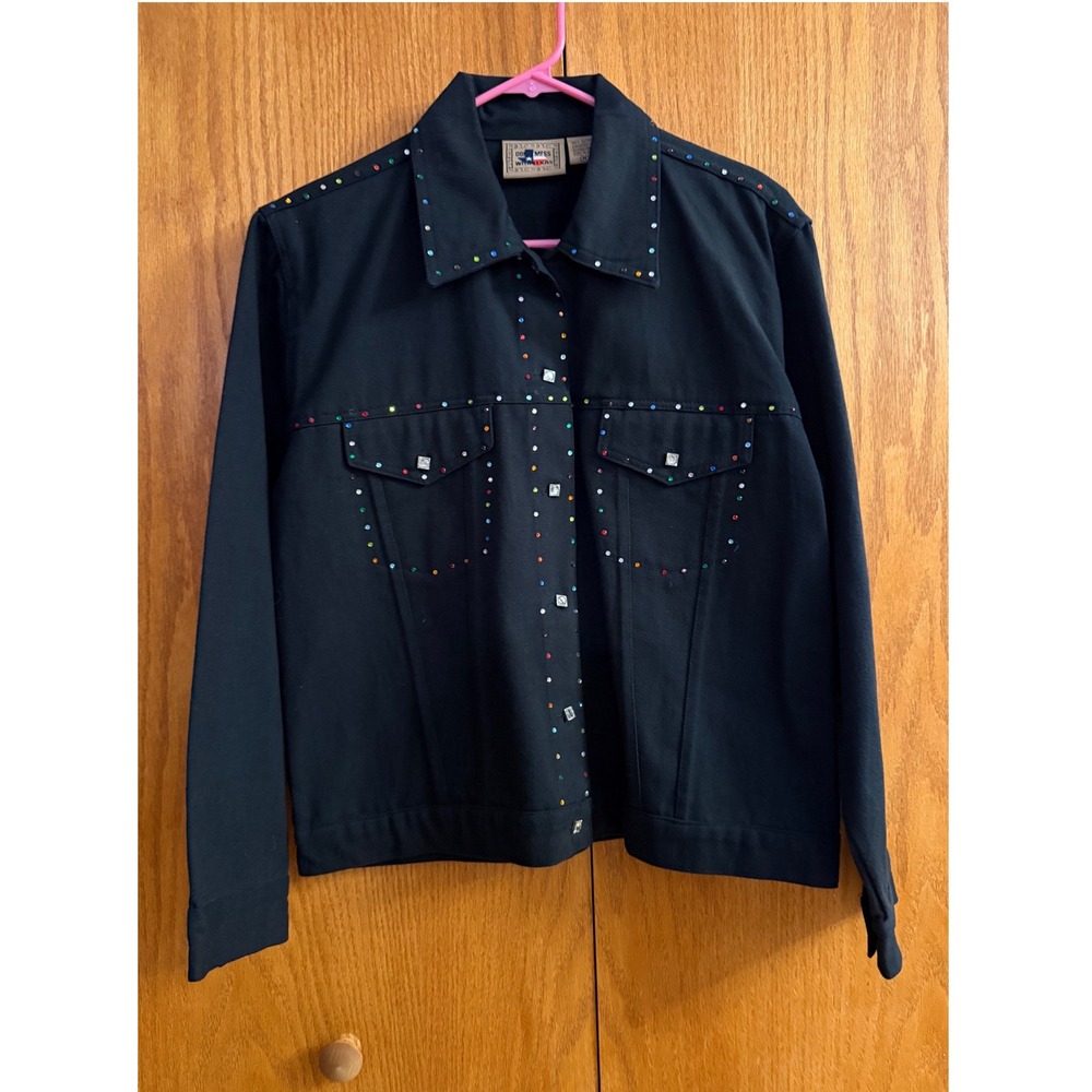 Don't Mess With Texas Denim Jacket Womens M Medium Black Rhinestone Western